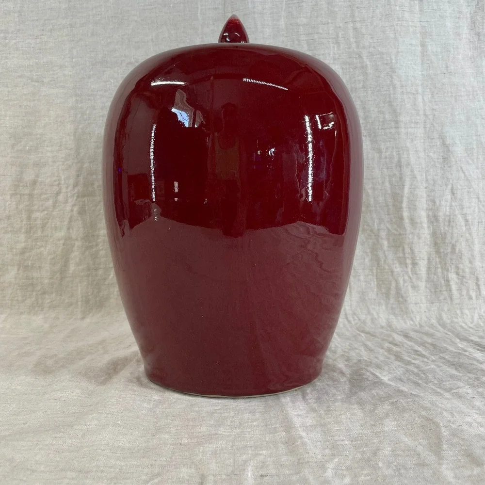 Large Burgundy Ceramic Ginger Jar Asian Inspired Oxblood Chinoiserie Decor 90s